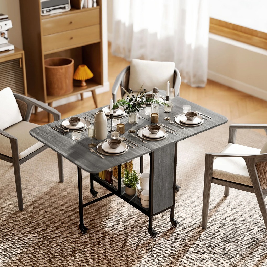 Mesa de cozinha dobrável e extensível com rodas (CADEIRAS NÃO INCLUIDAS), para até 6 pessoas, com prateleira integrada, 6 rodas, cinzenta
