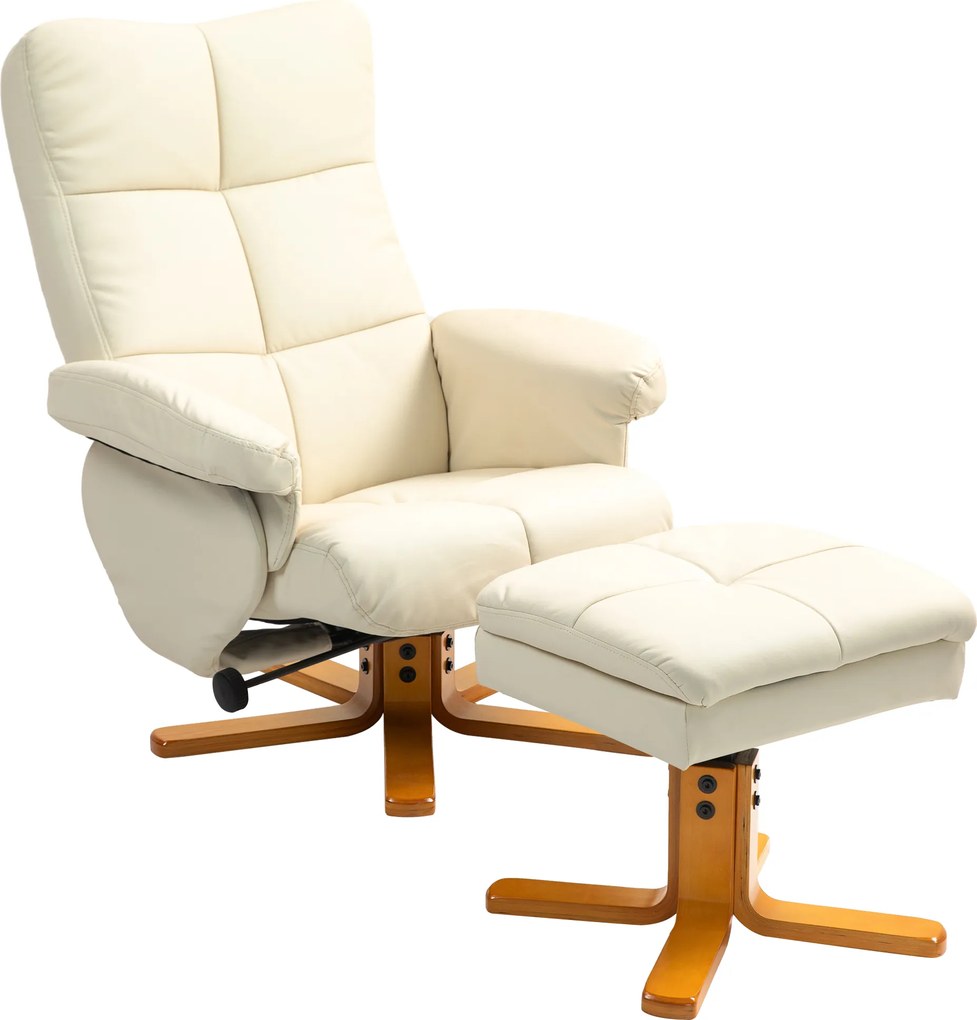 HOMCOM Poltrona Relax com Puff, encosto inclinável até 145°, gira 360°, couro sintético, Creme | Aosom Portugal