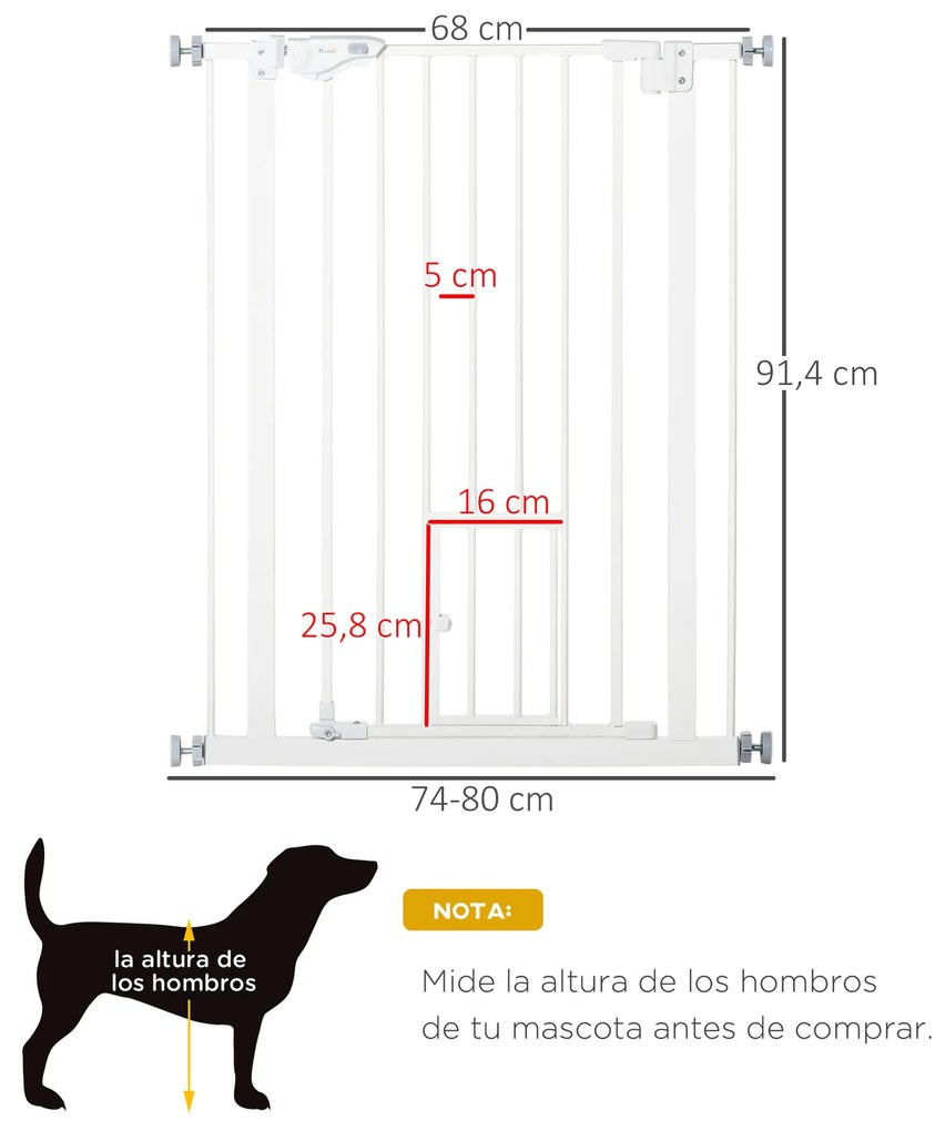 Barreira de Segurança para Cães Animais de Estimação 74-100cm para Escadas Portas e Corredores com Porta para Gatos Fechamento Automático e Sistema de