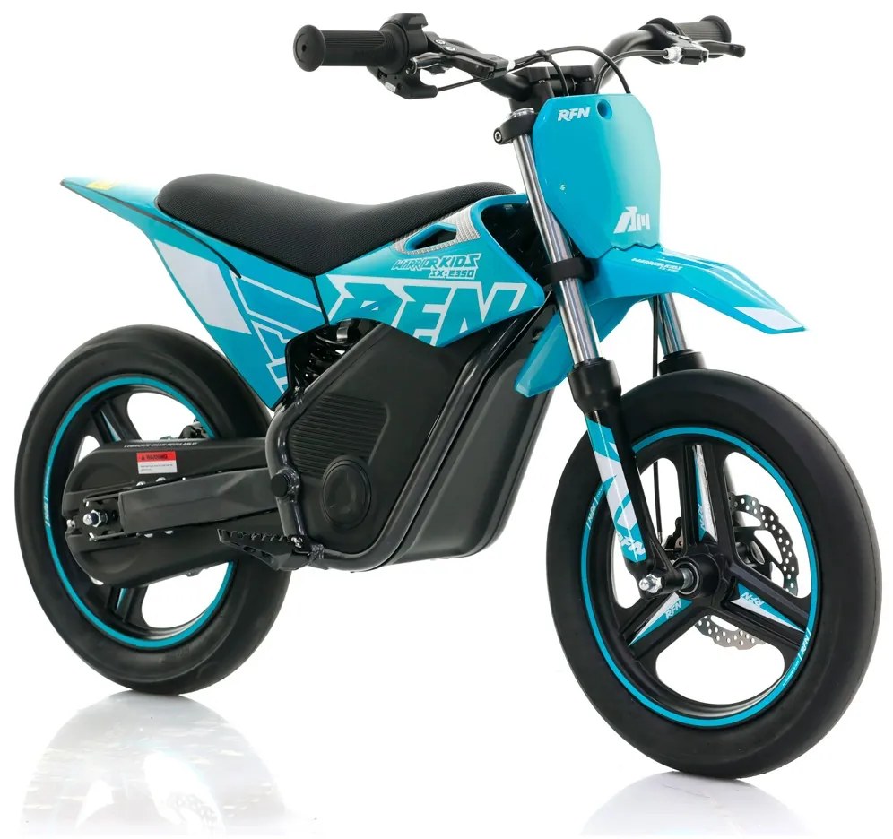 Mini moto elétrica para crianças velocidade até 30Km/h C/Limitador RFN SX-E350 WARRIOR 350W Supermotard 14/14” Azul Celeste