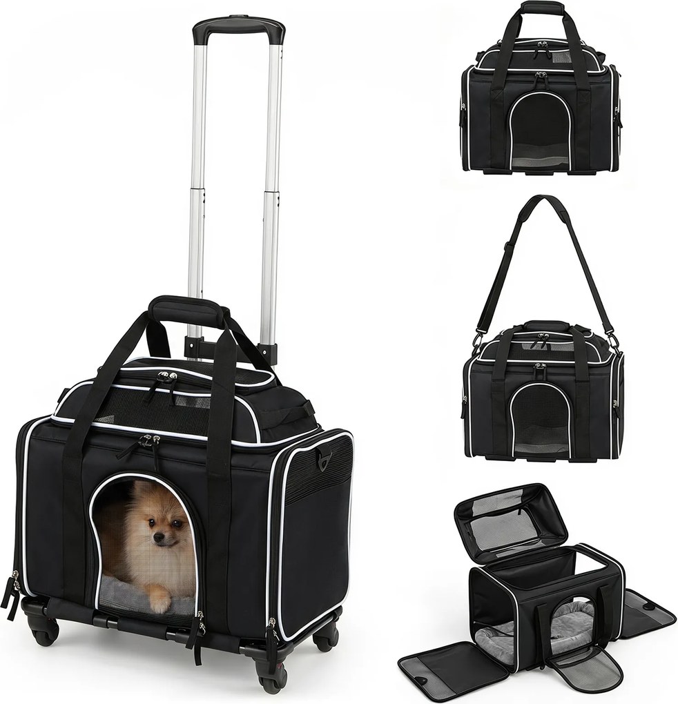Transportadora para Animais de Estimação, 46 x 29 x 28 cm, 3 em 1 com Rodas Removíveis, Preto