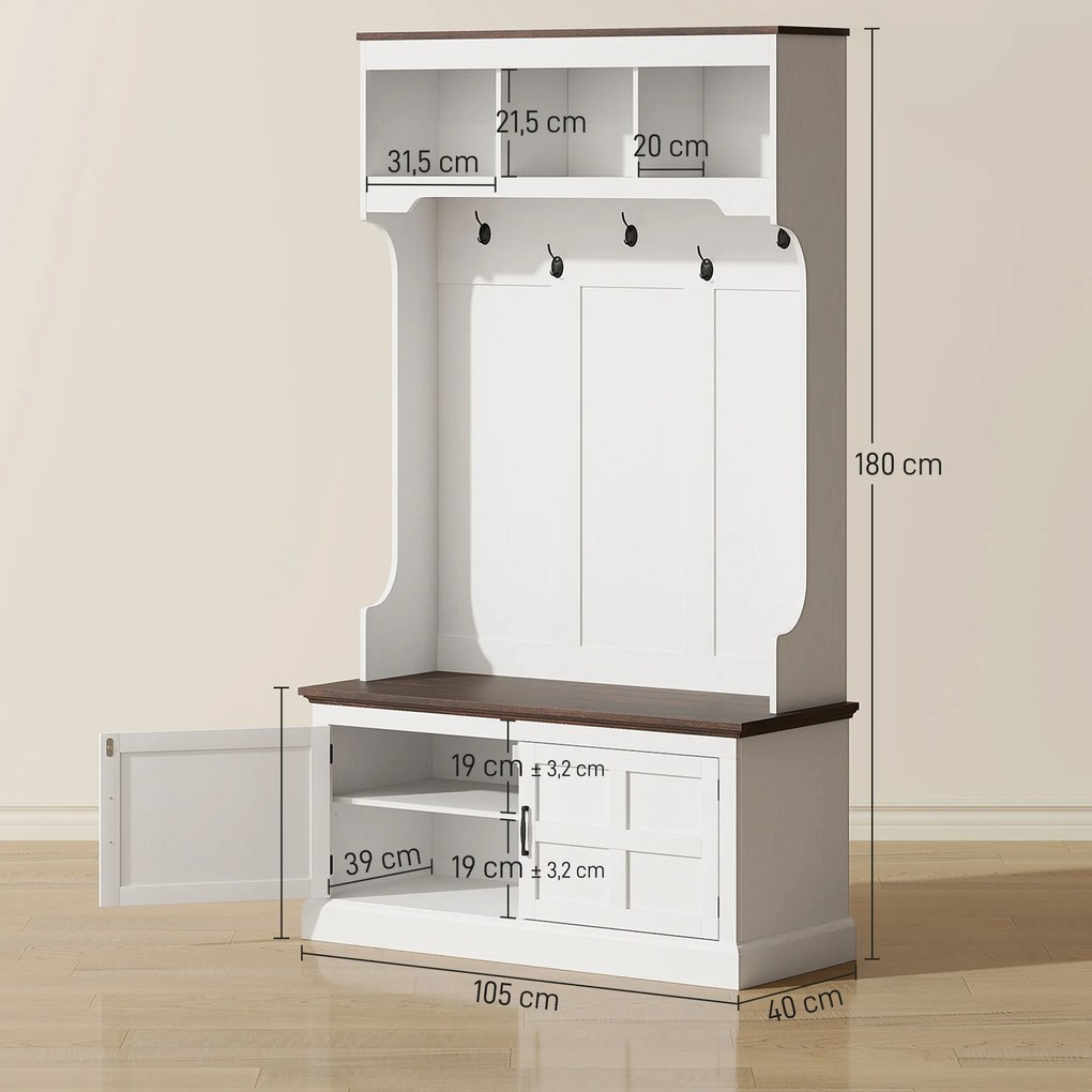 Móvel Cabide de Entrada com Banco Sapateira 5 Ganchos 3 Prateleiras Armário e Compartimentos Estilo Rústico 105x40x180 cm Branco