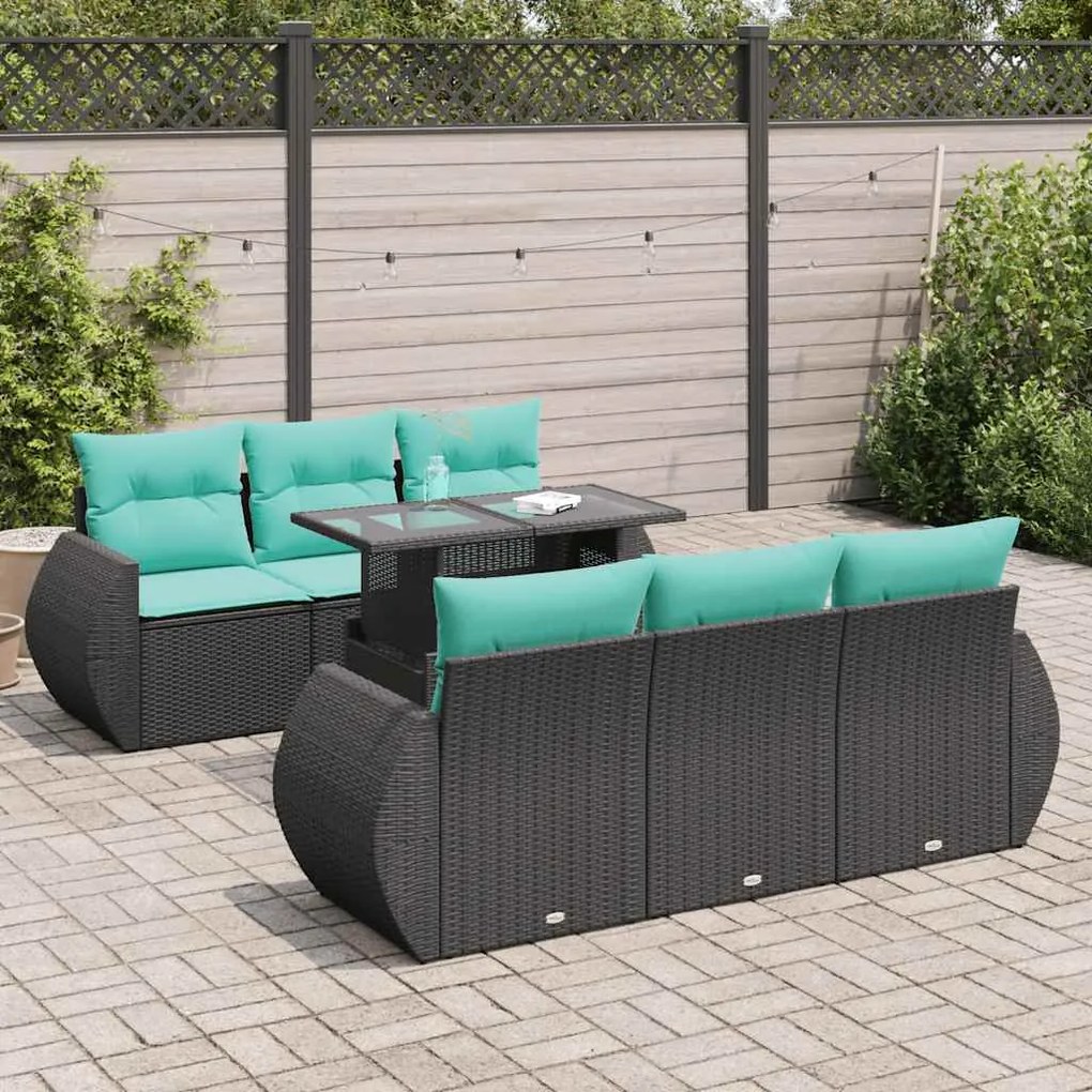 vidaXL 7 pcs conjunto sofás jardim c/ almofadões vime PE/acácia preto