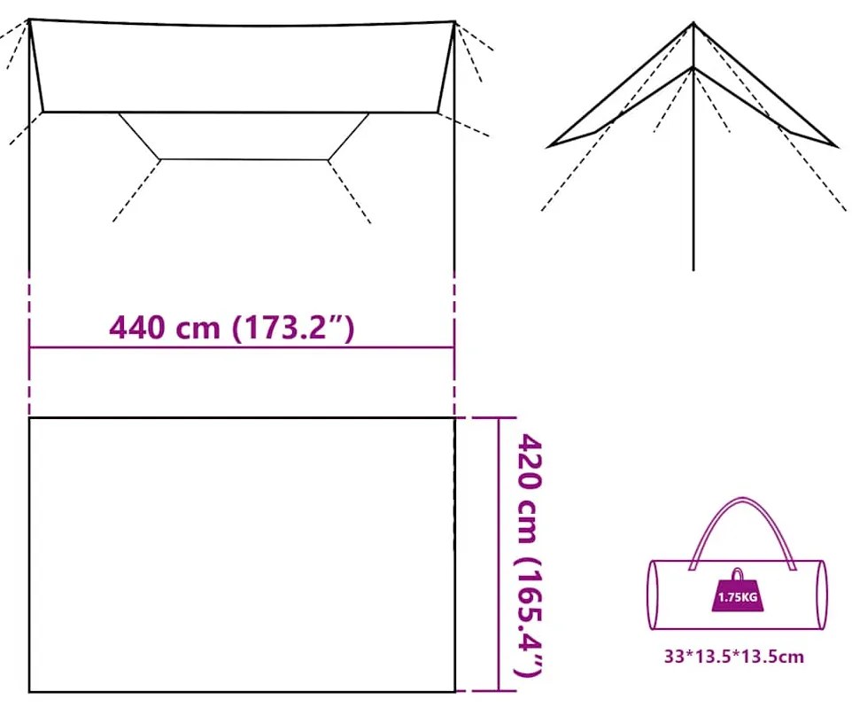 Lona de campismo 420x440 cm impermeável cinzento e laranja