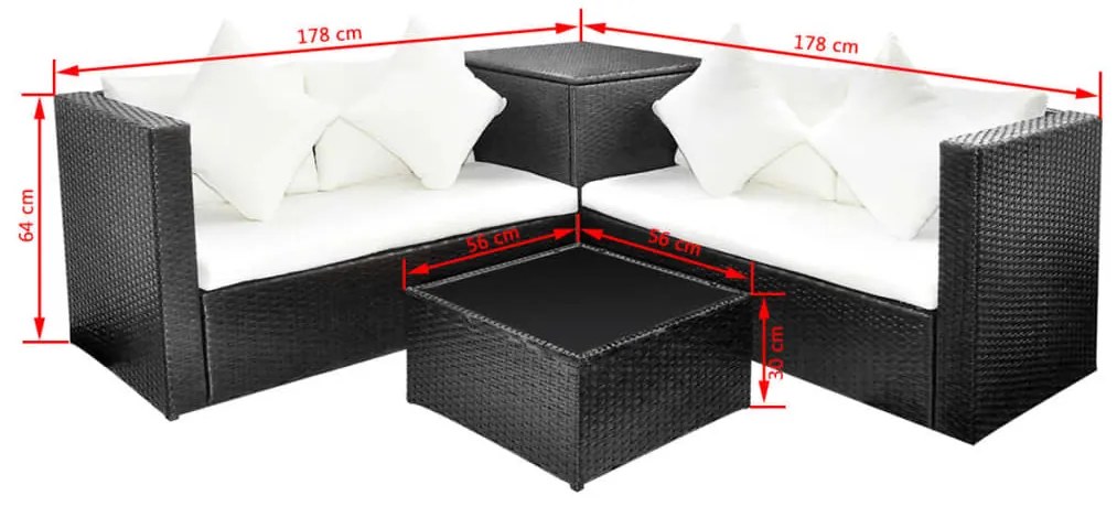4 pcs conjunto lounge de jardim c/ almofadões vime PE preto