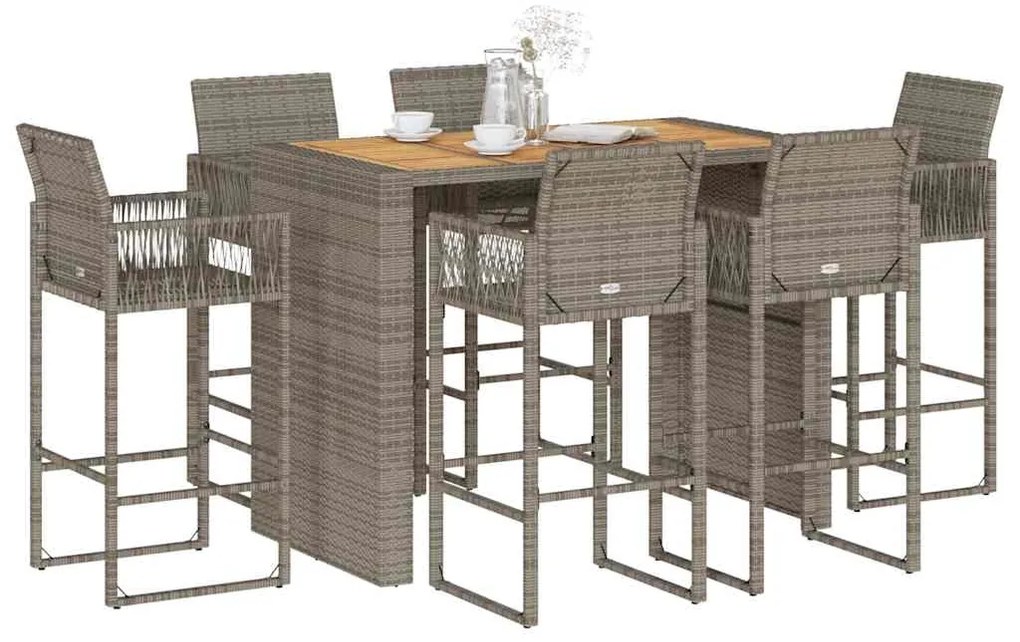 7 pcs conj. bar jardim sem almofadões vime PE/acácia cinzento