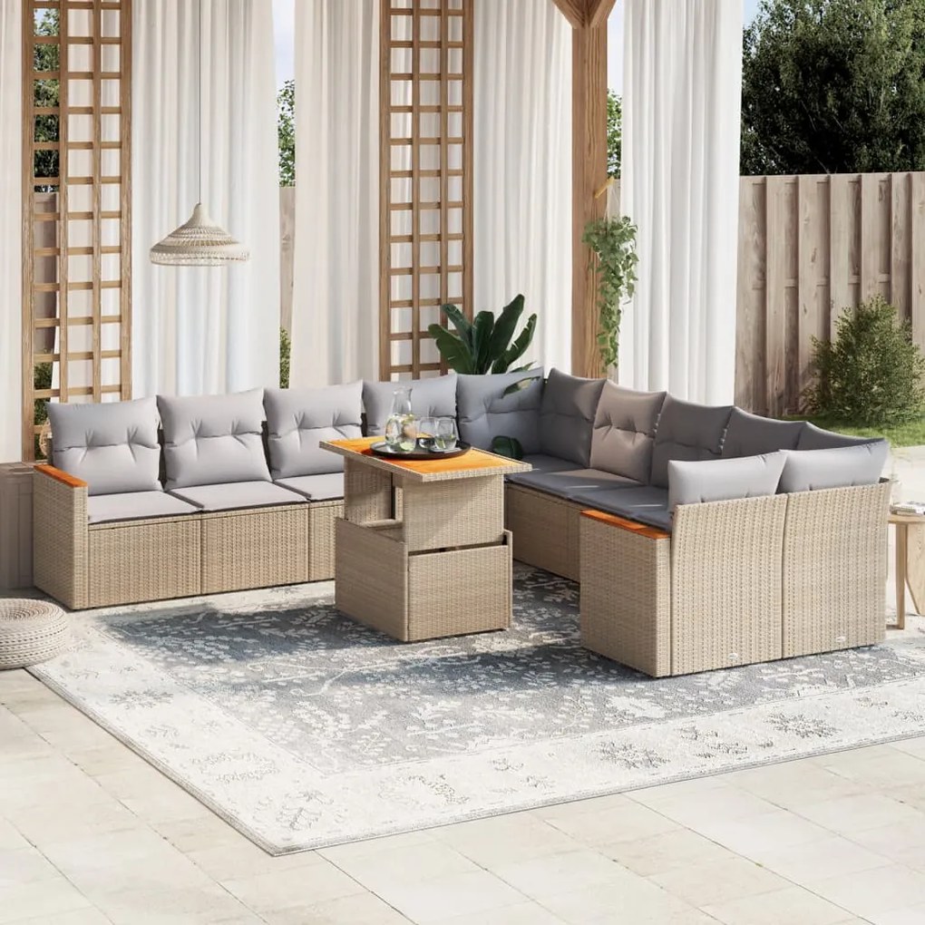 11 pcs conjunto sofás de jardim c/ almofadões vime PE bege