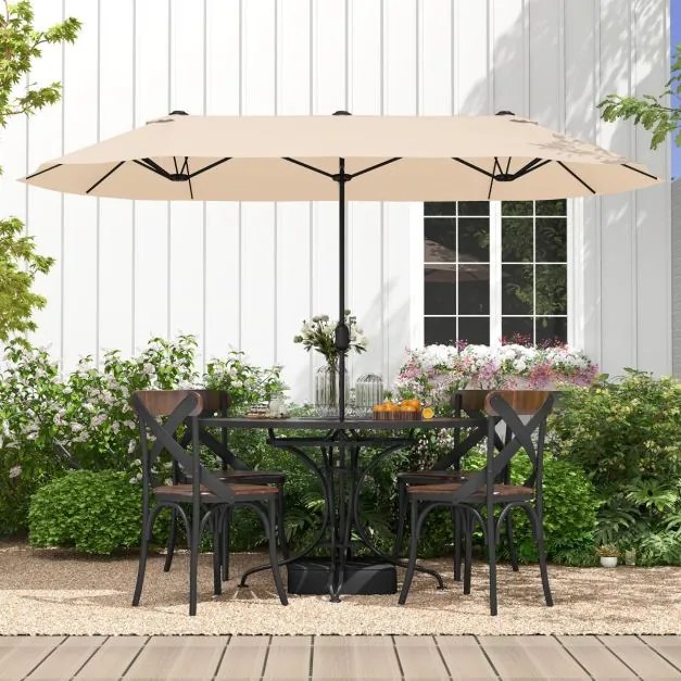 Guarda-sol duplo para jardim com base recarregável, manivela e 12 hastes de alta resistência Bege