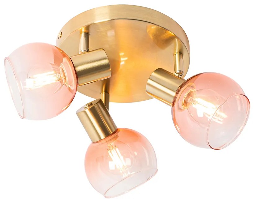 Foco de teto Art Deco dourado com vidro rosa 3 luzes - Vidro