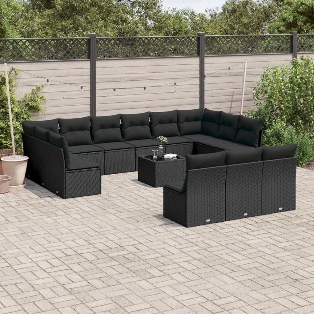 14 pcs conjunto de sofás p/ jardim c/ almofadões vime PE preto