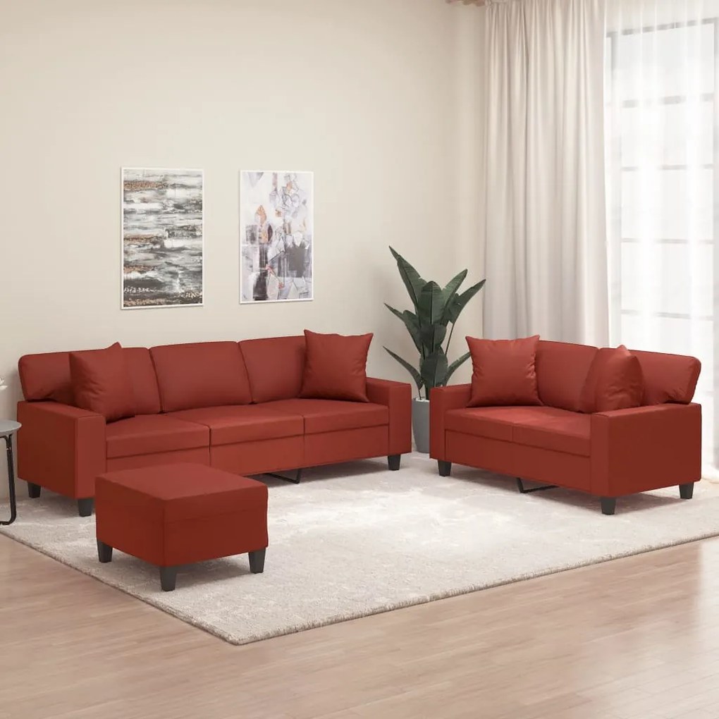 vidaXL 3 pcs conjunto sofás c/ almofadões couro artif. vermelho tinto