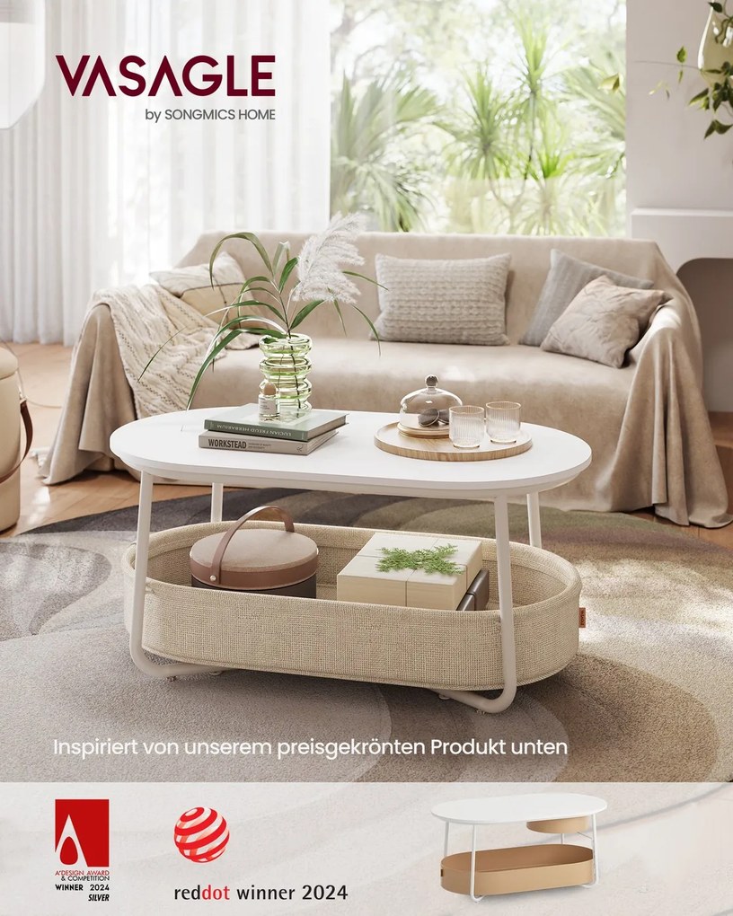 Mesa de centro oval 45 x 100 x 45,7 cm com espaço de arrumação e cesto em tecido, branco e castanho camelo