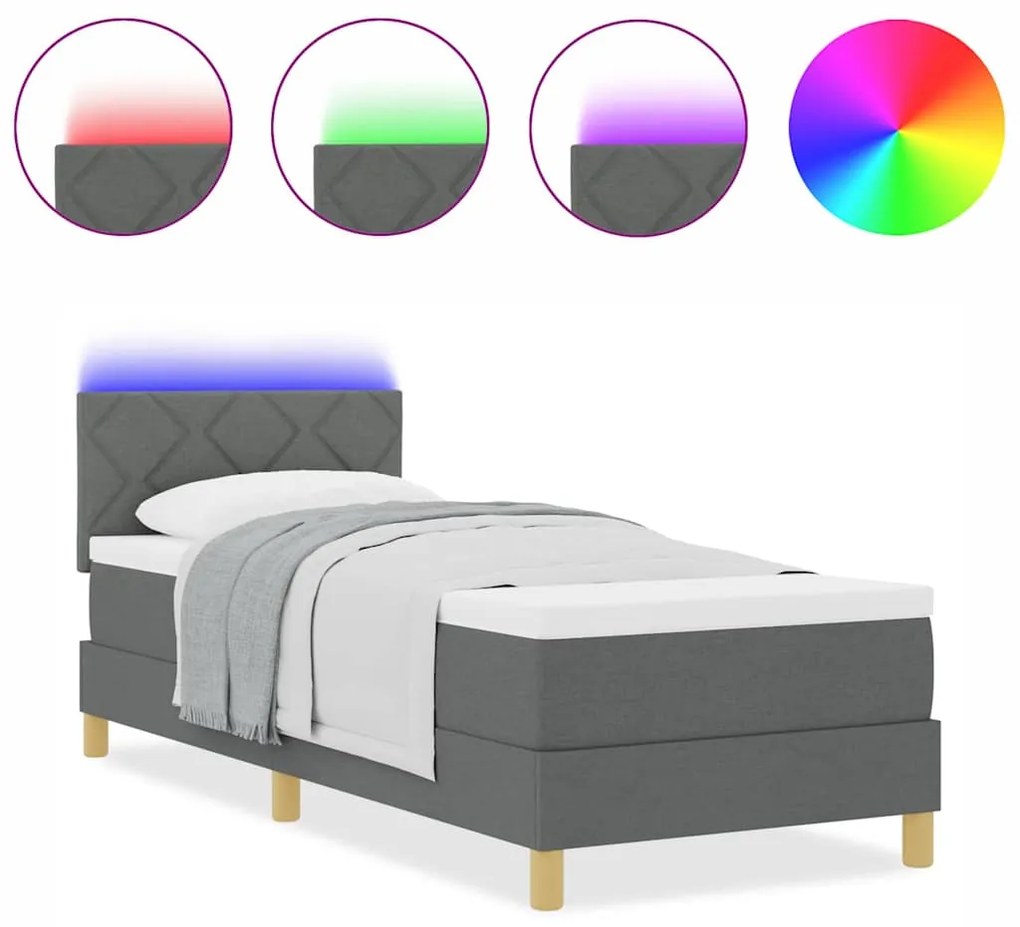Cama Box com Colchão &amp; LED Cinza Escuro 80x200 cm Tecido