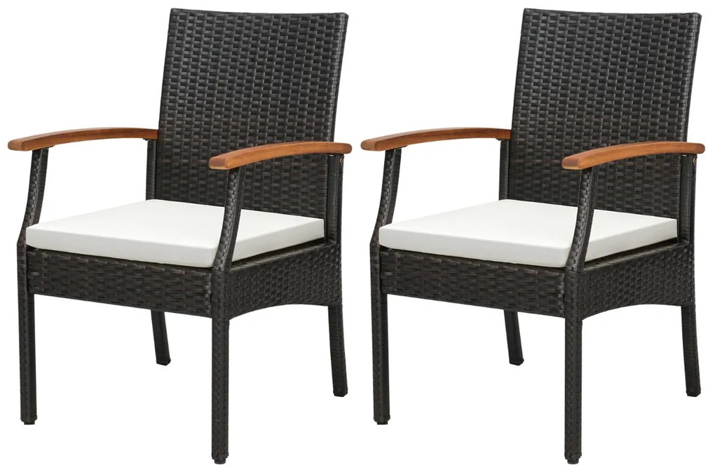 Conjunto de 2 cadeiras de jardim de vime com braços Almofada para exterior de rattan Estrutura metálica Poltronas Pátio Varanda Terraço Castanho misto
