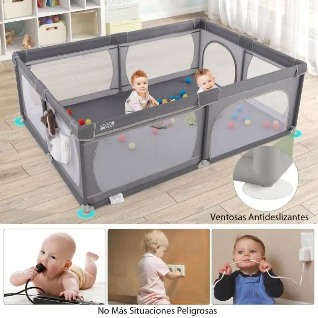 Parque infantil, centro Atividade com bolas para bebés Estável, atóxico, com rede respirável 206 x 147 x 68,5 cm Cinza escuro