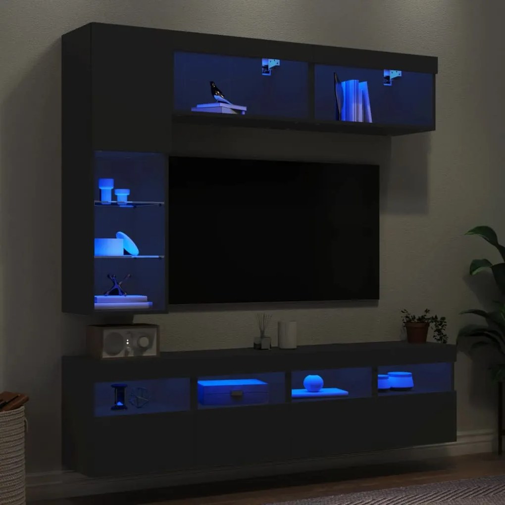 vidaXL 7 pcs conjunto de móveis de parede para TV com luzes LED preto