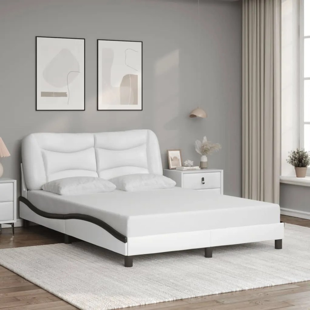 Estrutura cama c/ luzes LED 140x200cm couro artif. branco/preto