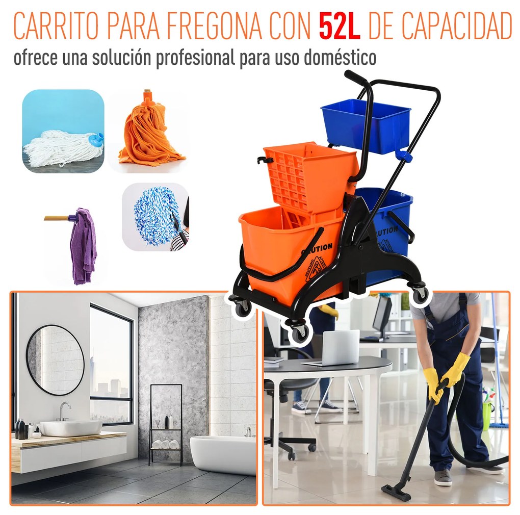 HOMCOM Balde para esfregona comercial Balde para esfregona com escorredor de baixa pressão 26L Capacidade com 4 rodas silenciosas Baldes separados duplos 78x45x95cm Laranja e azul
