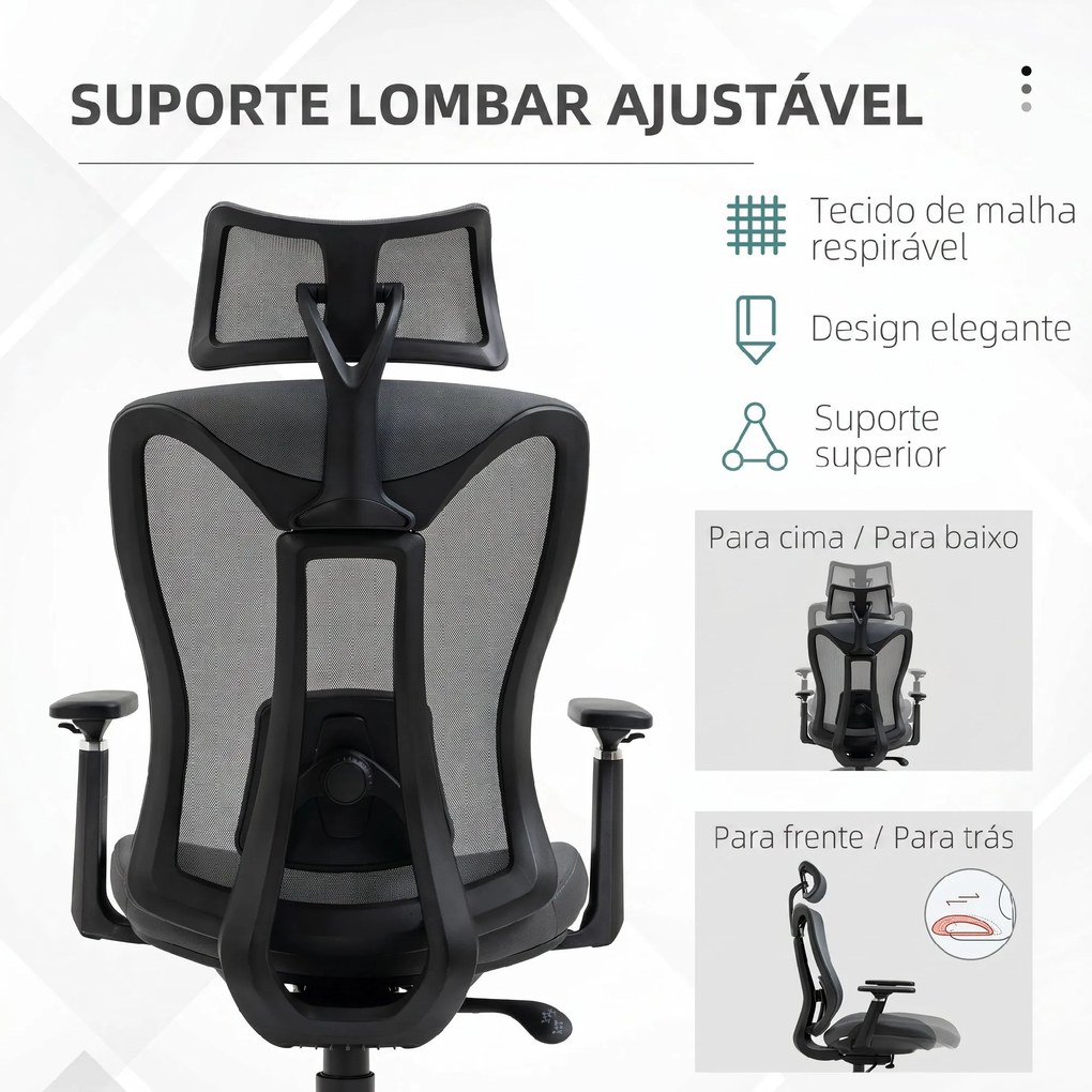 Cadeira de Escritório em Malha com Apoio de Cabeça Ajustável Apoio Lombar e Apoios de Braços 3D 70x66x128 cm Cinza
