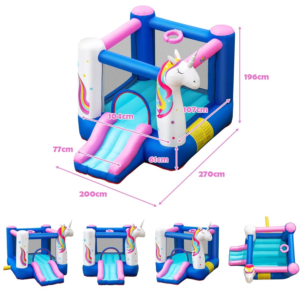 Castelo insuflável com Trampolim Tema Unicórnio para Crianças ao Ar Livre 3-10 anos 270 x 200 x 196 cm