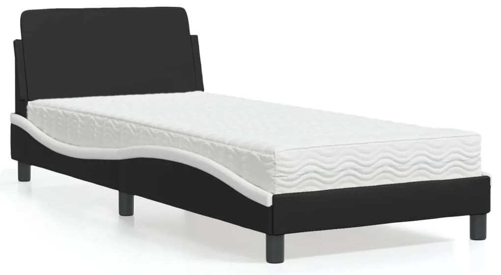 Cama com colchão 90x200 cm couro artificial preto e branco