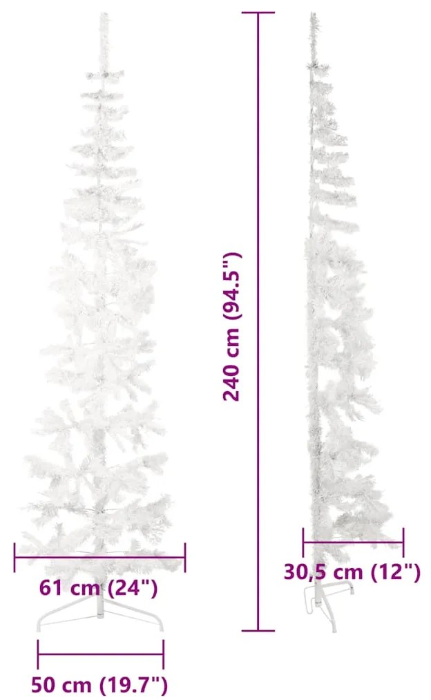 Meia árvore de Natal fina com suporte 240 cm branco