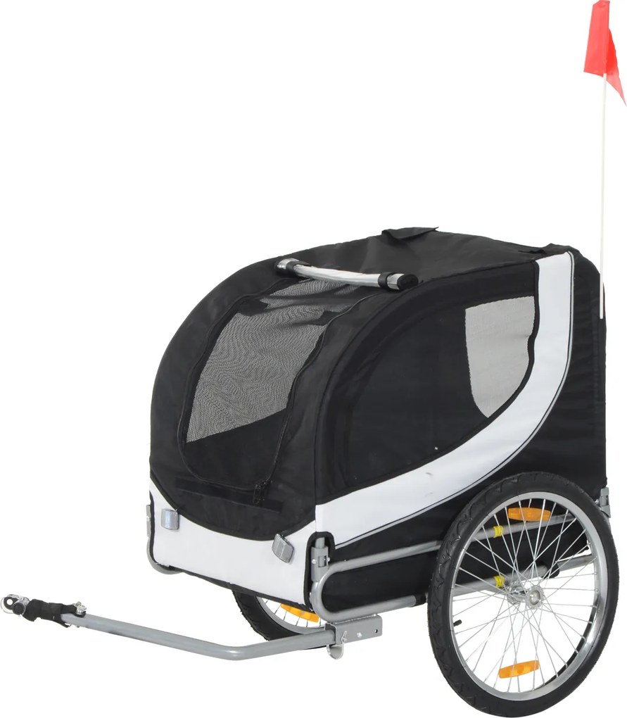 Reboque de bicicleta para cães e animais de estimação 130 x 73 x 90 cm com bandeira e 8 refletores branco e preto