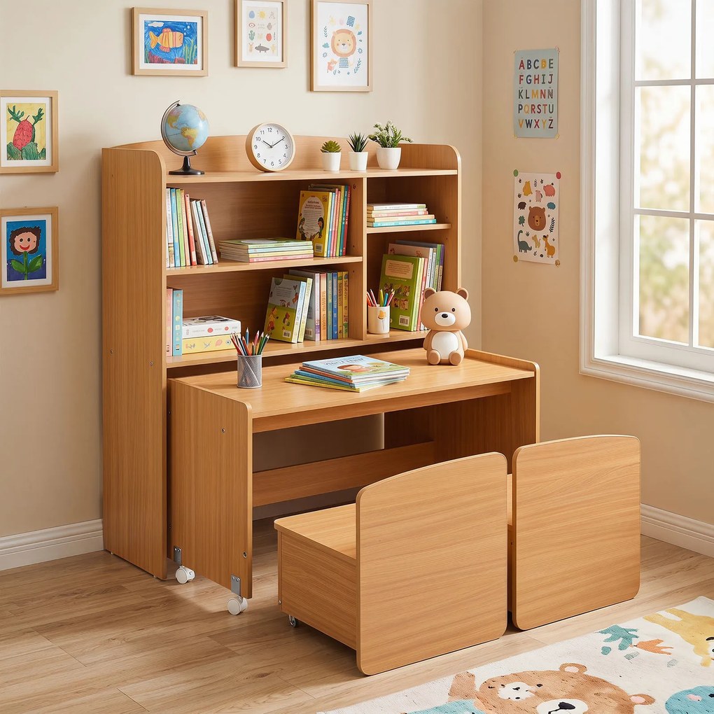 Conjunto Infantil 3 em 1, Armário, Secretária e 2 Cadeiras, 90 x 40 x 94 cm, Com Prateleiras Ajustáveis, Natural