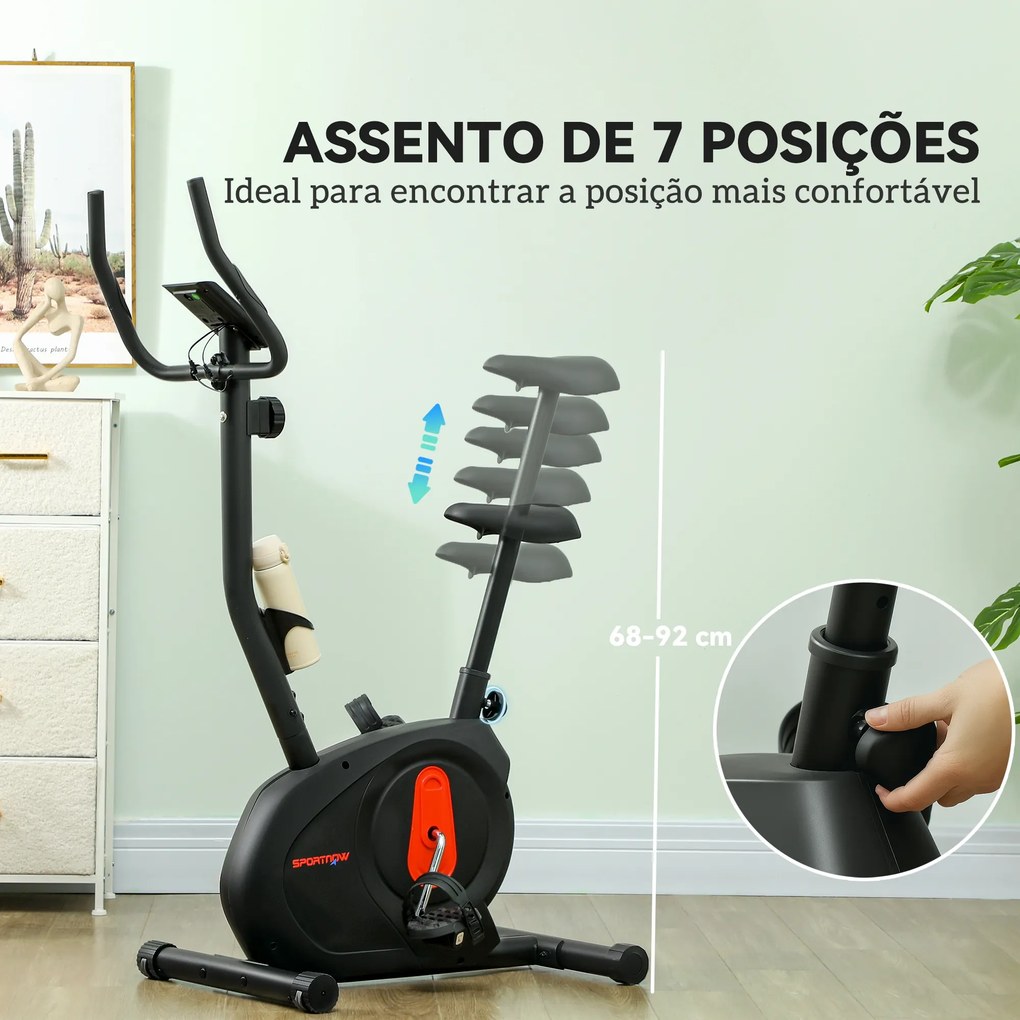Bicicleta Estática com 8 Níveis de Resistência Magnética Sensor de Frequência Assento Ajustável Ecrã LCD 88x50,5x131,5 cm Preto
