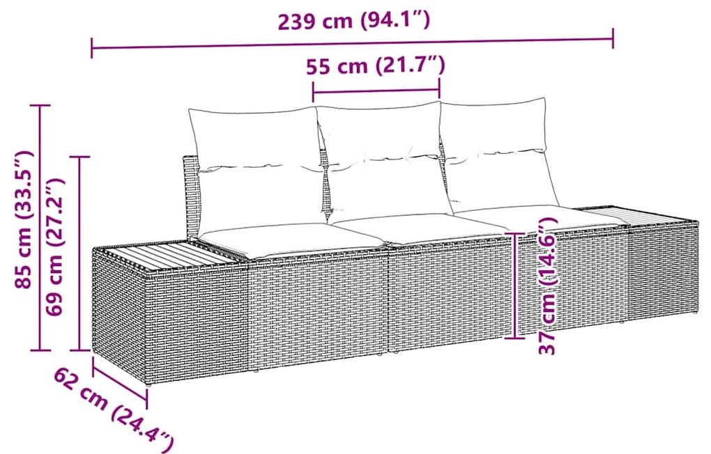 Sofá de Jardim 3 Peças com Almofadas Cinza em Rattan Sintético e Acáci