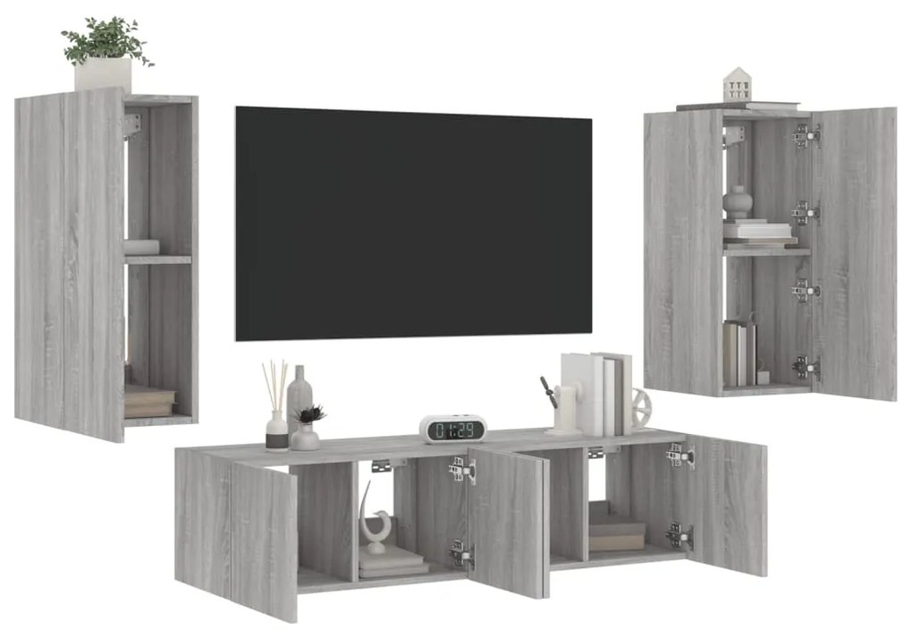 4 pcs móveis parede p/ TV c/ LEDs deriv. madeira cinza sonoma