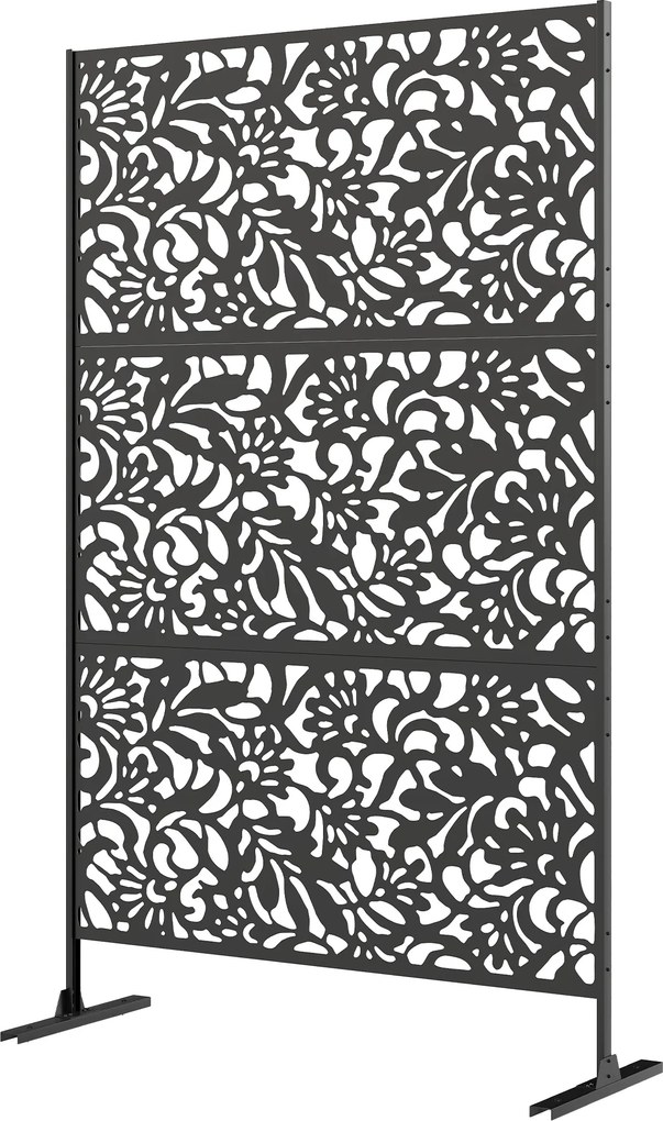 Painel decorativo de proteção visual para exterior, claustra decorativa para jardim, 3 painéis com motivo floral, em aço, 122 x 45 x 198 cm, preto