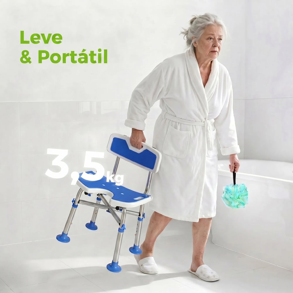 Cadeira de Duche para Pessoas Idosas Antideslizante com Altura Ajustável em 5 Posições Suporte para Duche de Mão 48x47,5x72-82 cm Azul