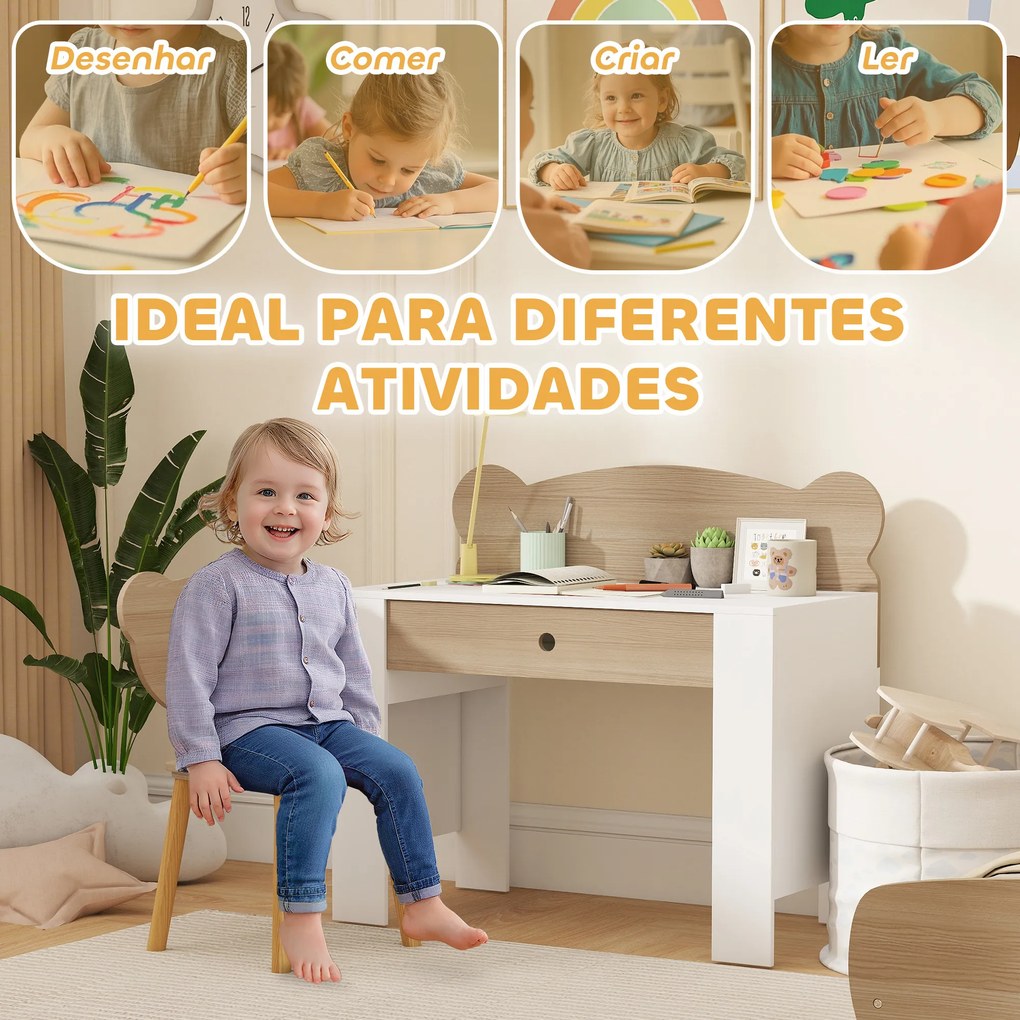 Secretária para Crianças com Cadeira em Forma de Ursinho Secretária Infantil com Gaveta para Estudar Ler e Desenhar Branco e Madeira