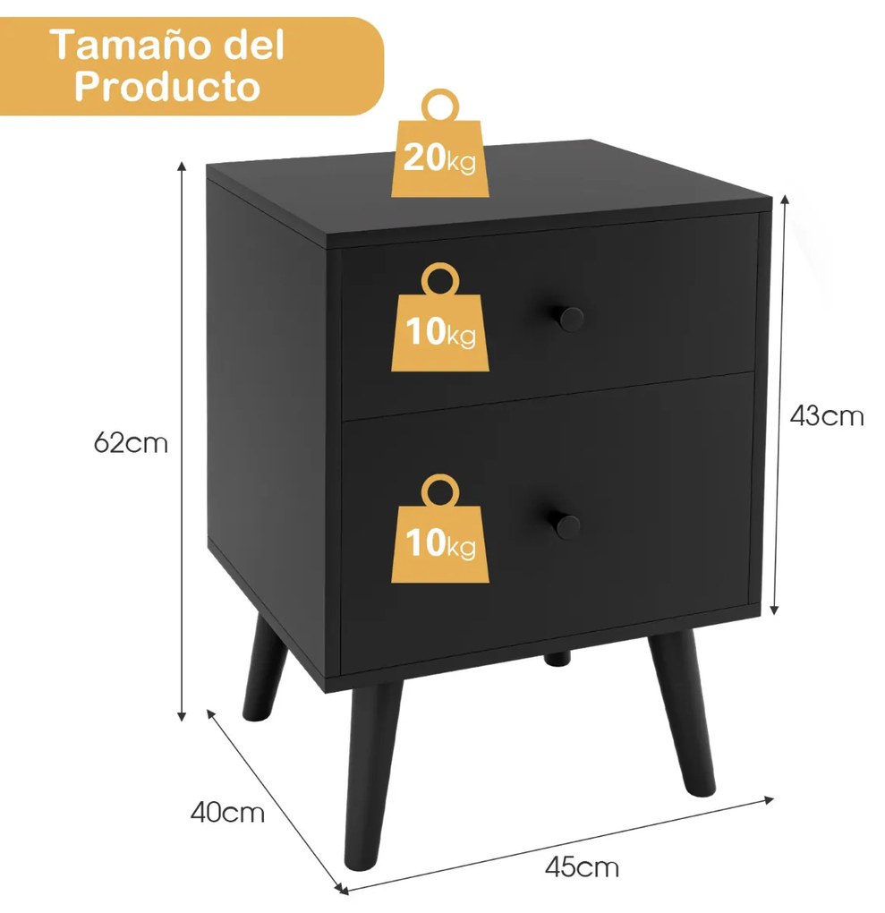 Mesa de cabeceira com 2 gaveta com pernas de madeira 45 x 40 x 62 cm Preto