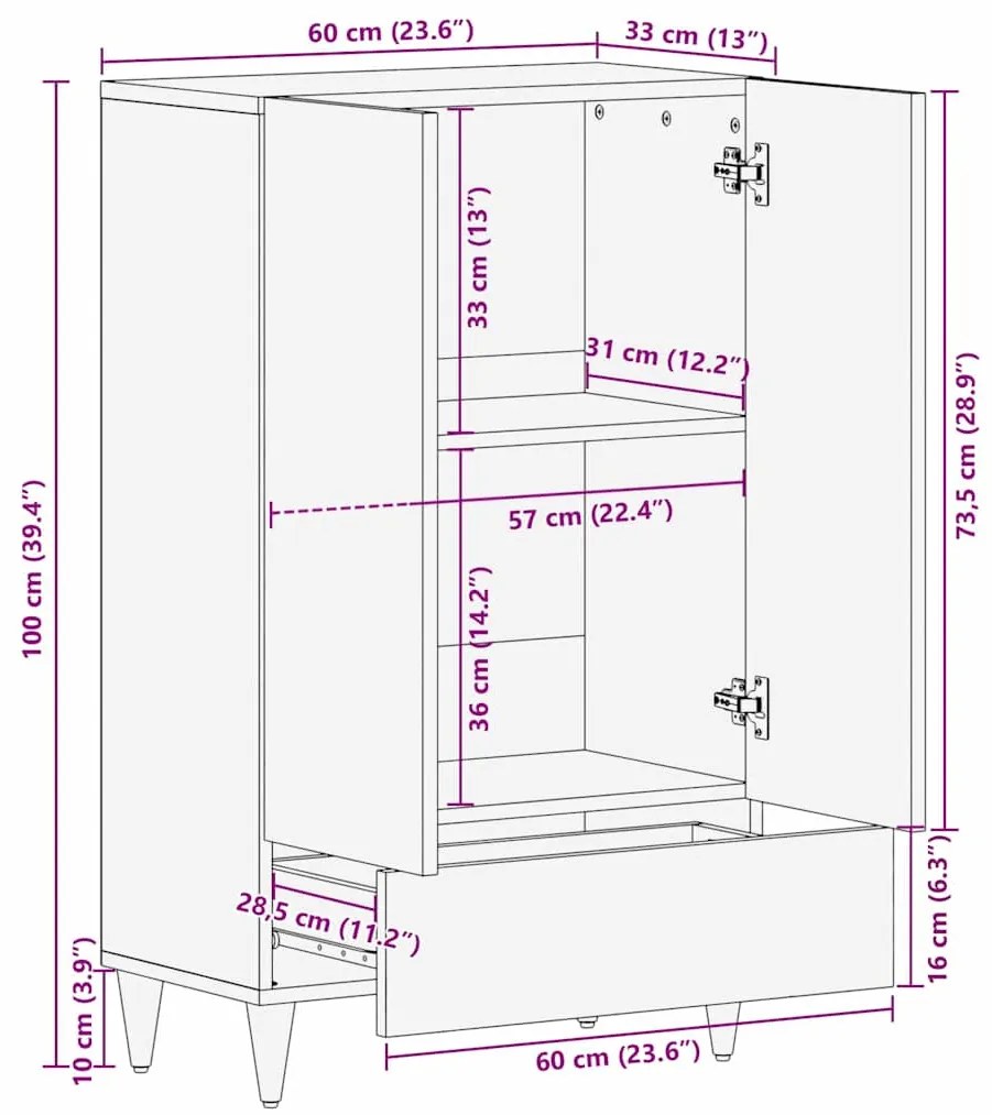 Highboard 60x33x100 cm Madeira Sólida Mangueira