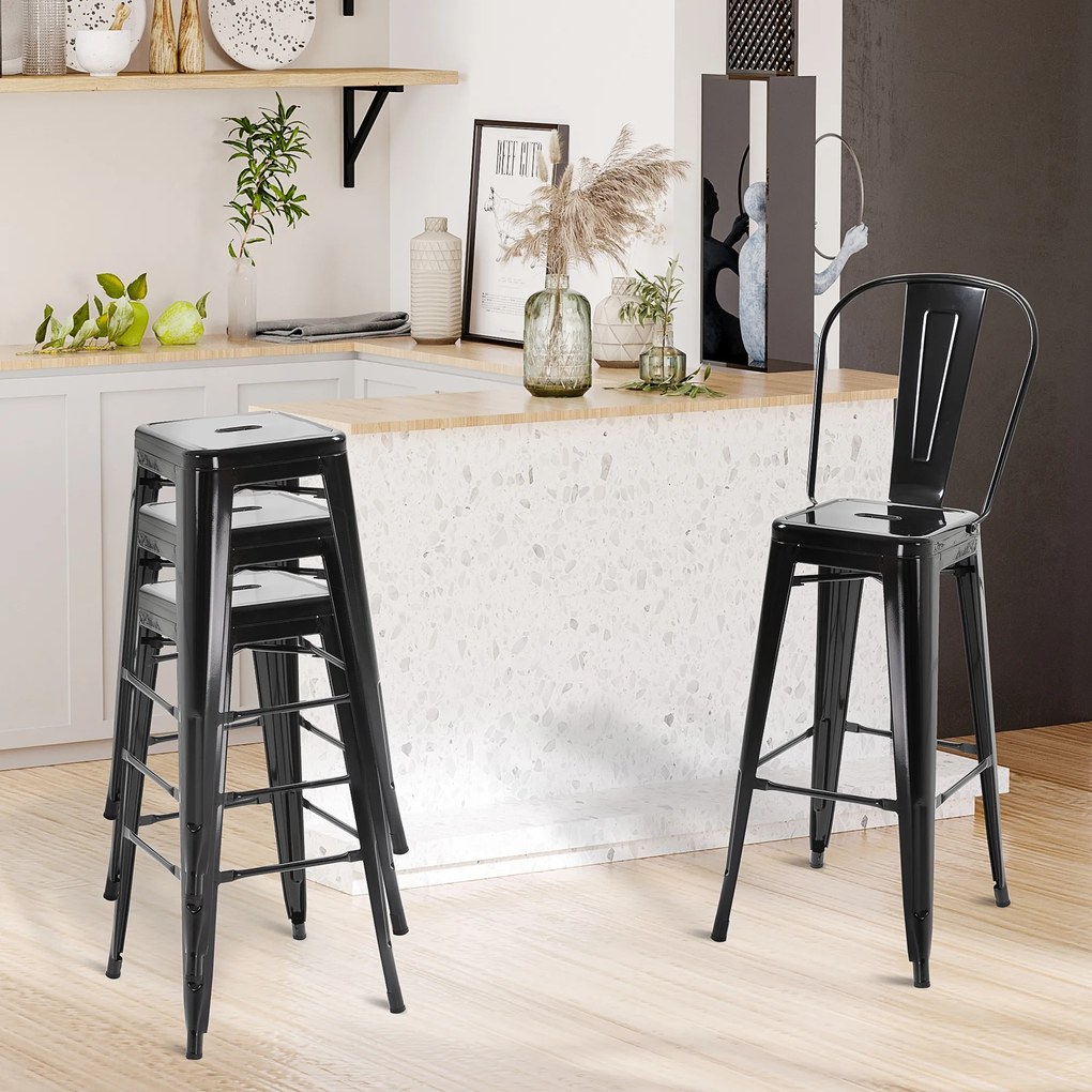 Conjunto de 4 bancos de bar empilháveis, estilo industrial, com encosto e apoio para os pés, altura do assento de 76 cm, em metal preto