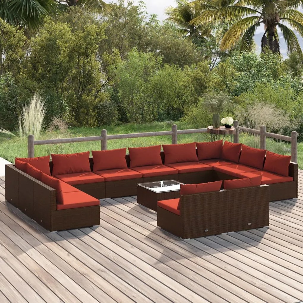 vidaXL 13 pcs conjunto lounge jardim c/ almofadões vime PE castanho