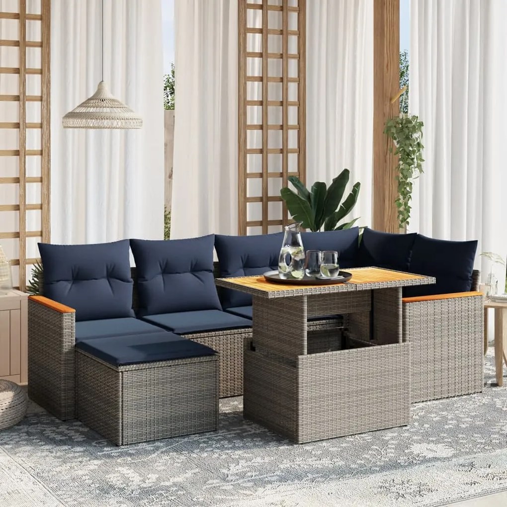 vidaXL 7 pcs conjunto sofás p/ jardim c/ almofadões vime PE cinzento