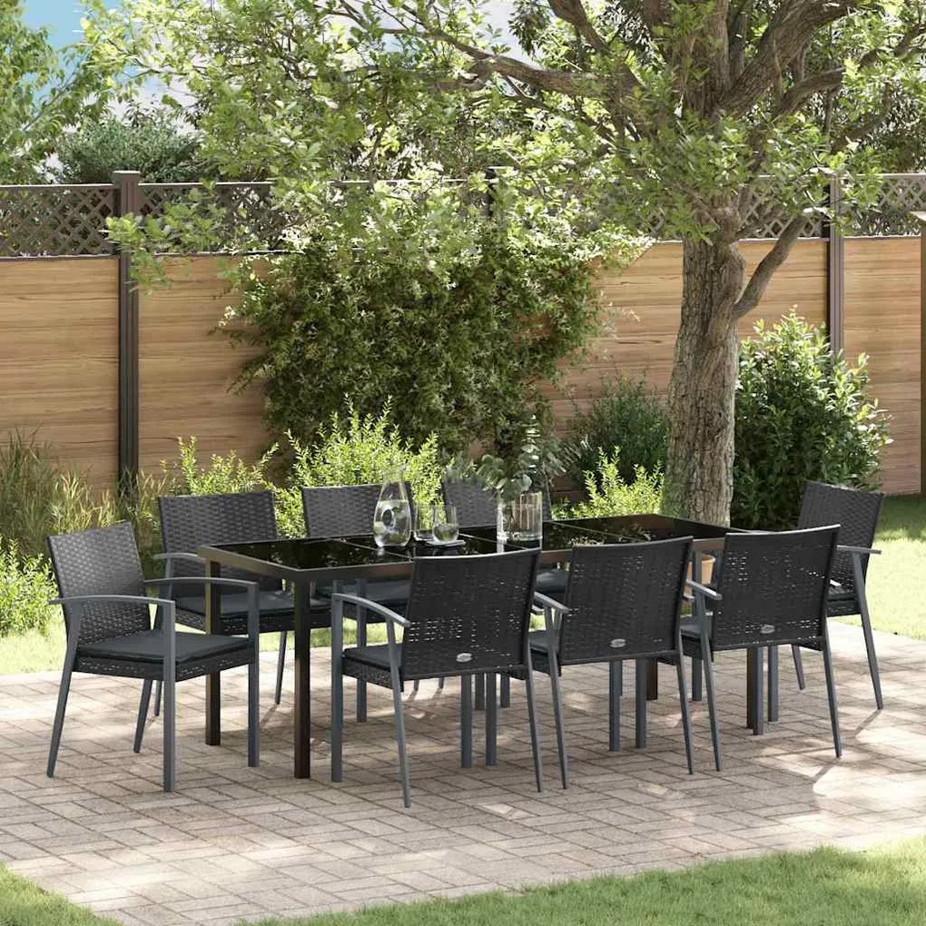 vidaXL Conjunto de Jantar de Jardim com 9 Peças e Almofadas Pretas em Rattan e Poliéster.