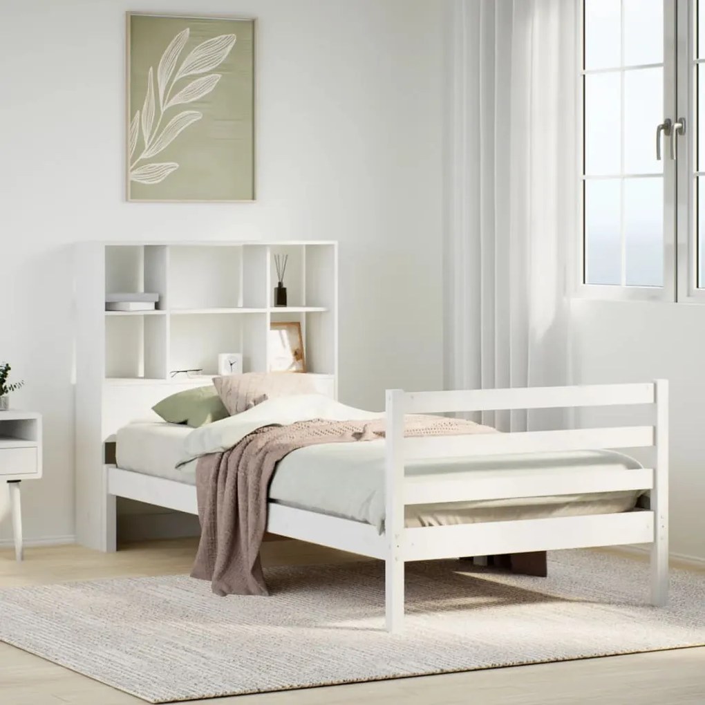 Cama com estante sem colchão 75x190 cm pinho maciço branco