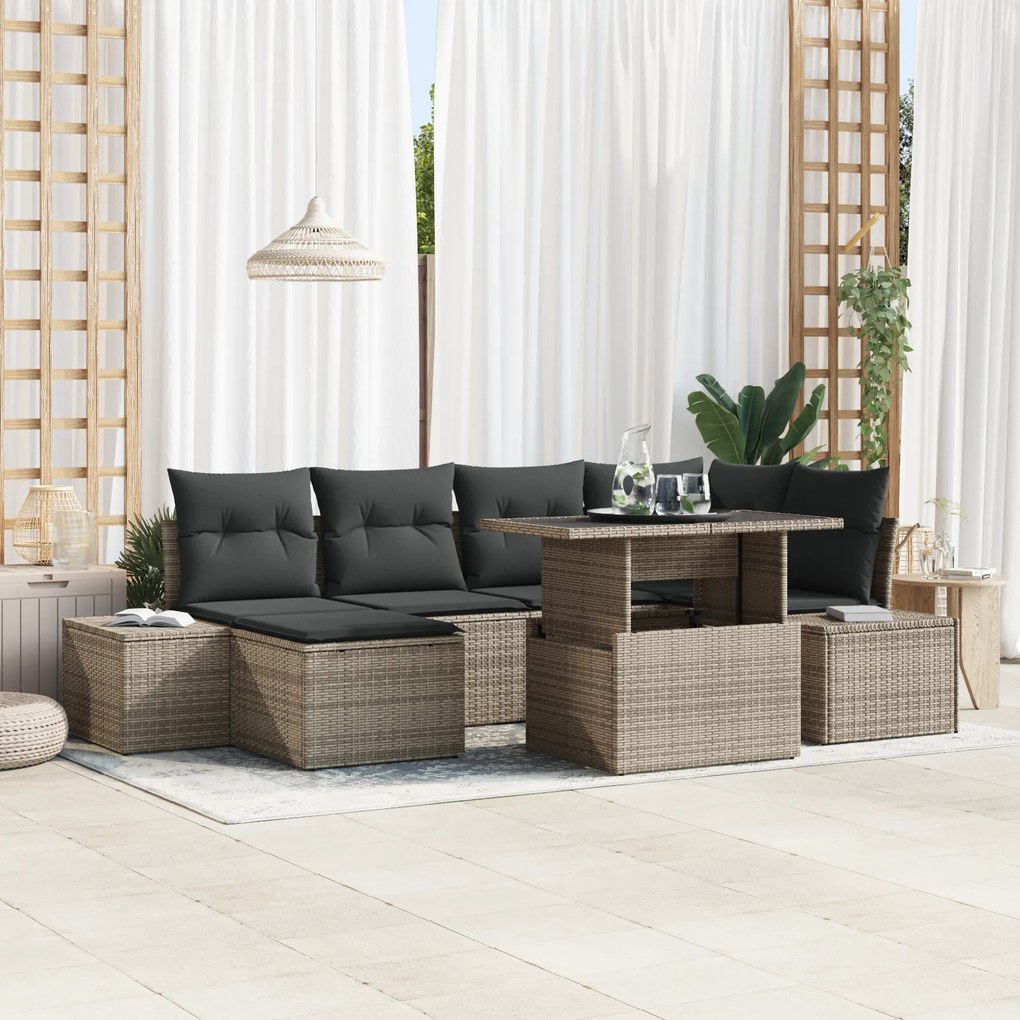 Conjunto de Sofá de Jardim de 7 Peças com Almofadas Cinza em Rattan Si