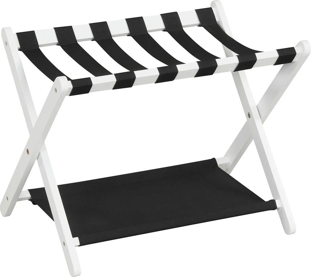 Porta-bagagens dobrável de 2 níveis em madeira de borracha 67 x 46 x 52 cm, com prateleiras de nylon e Estrutura em X, para quarto de hotel, preto + b