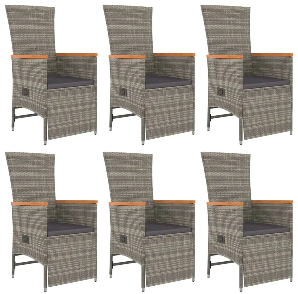 7 pcs conjunto de jantar p/ jardim c/ almofadões vime PE cinza