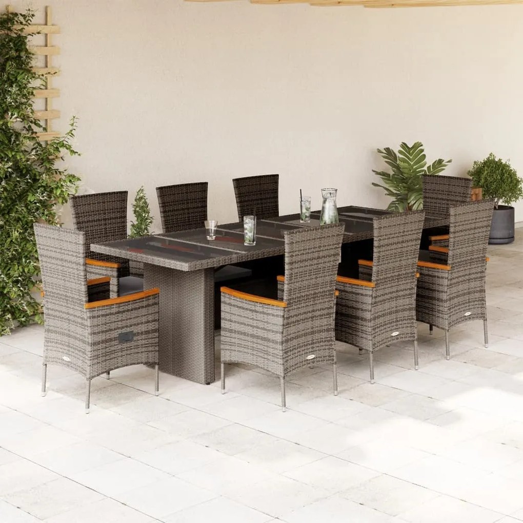 vidaXL 9 pcs conjunto de jantar p/ jardim c/ almofadões vime PE cinza
