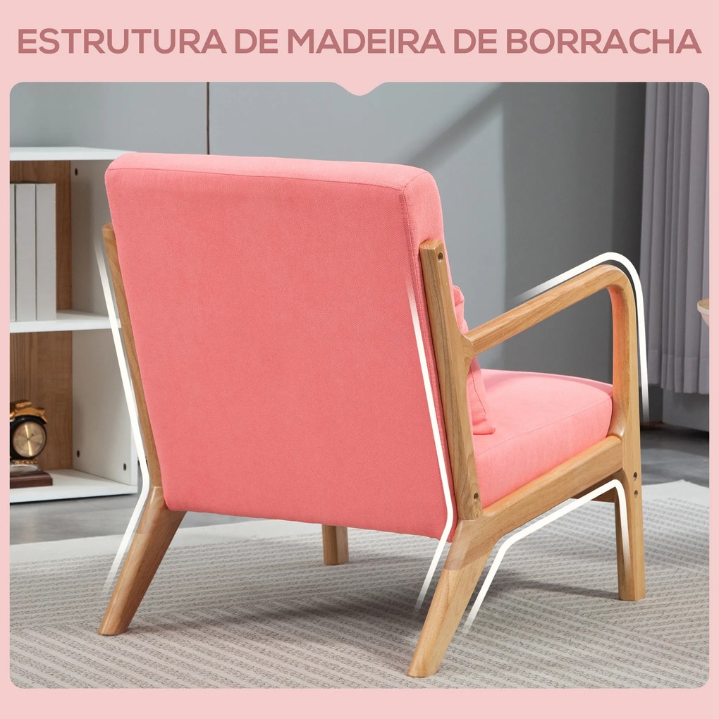 Poltrona Sala de Estar Nórdica Acolchoada com Apoio para os Braços e Estrutura de Madeira de Borracha 61x78x76 cm Rosa