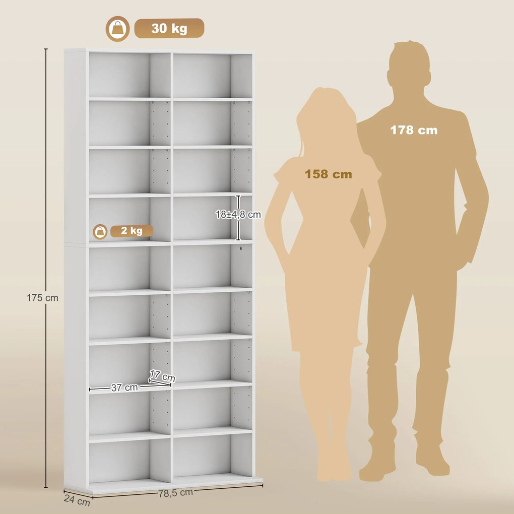 Organizador para CD e DVD com 18 compartimentos, capacidade máxima de 640 CD/360 DVD/430 Blu-ray, 78,5 x 24 x 175 cm, branco