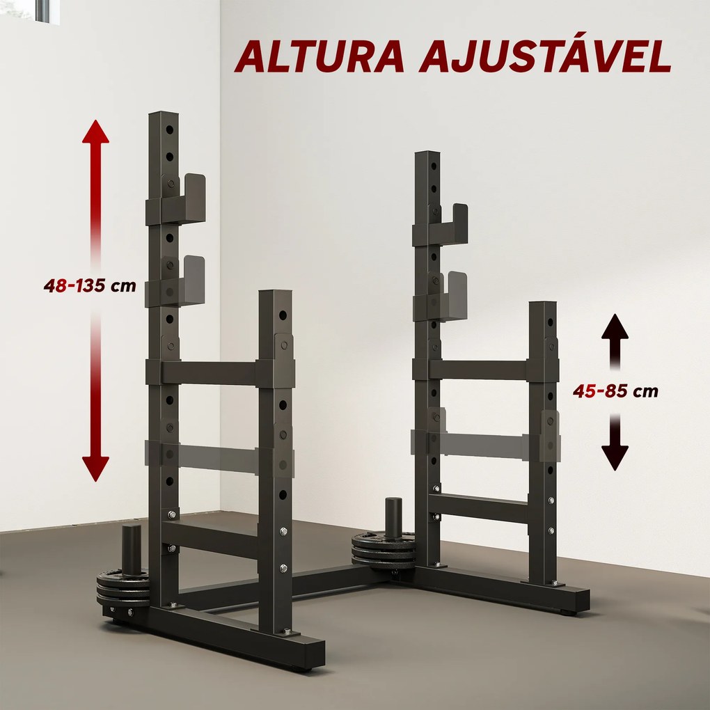 Suporte Ajustável para Barras de Pesas (NÃO INCLUIDOS) com Segurança Reforçada Carga até 300 kg Altura Regulável 48-135/45-85 cm Preto