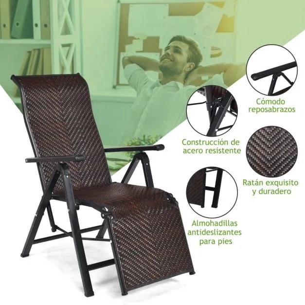 Conjunto de 2 espreguiçadeiras jardim de rattan para exterior dobrável com encosto ajustável para jardim, pátio, praia, interior, Castanho