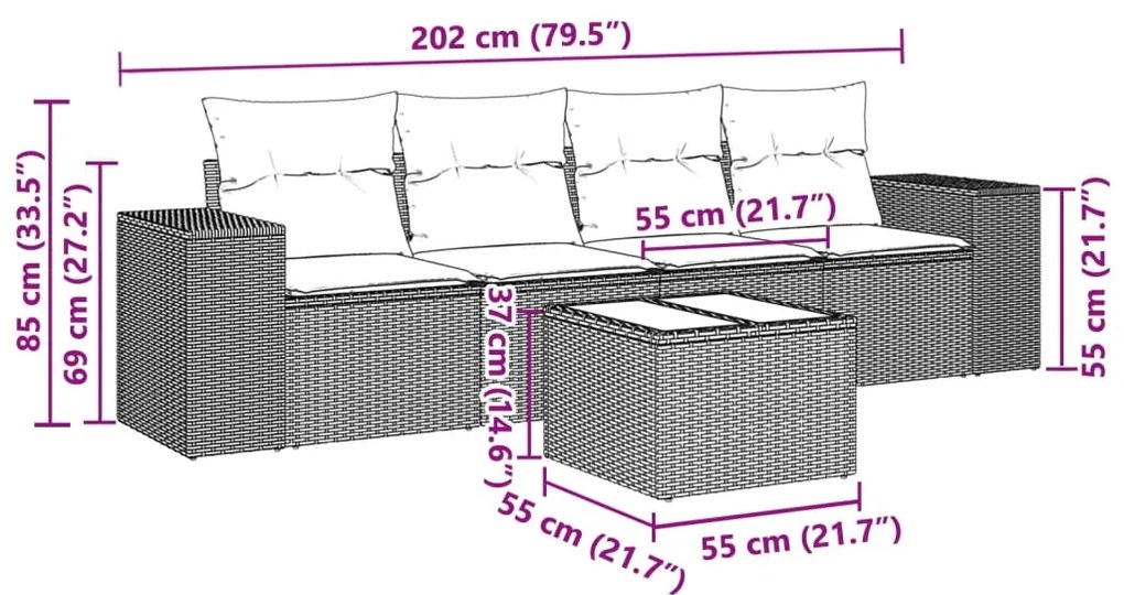 5 pcs conj. sofás jardim c/ almofadões vime PE cinzento-claro